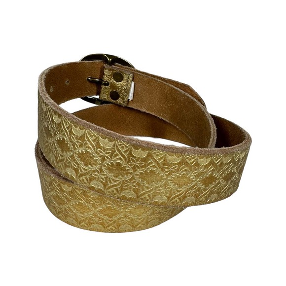 Gold Tooled Leather Stamped Belt Medium Metallic Boho Chic Western Casual - Picture 2 of 4